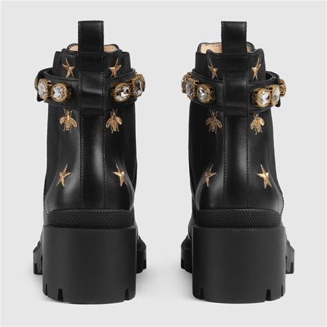 fake gucci embroidered leather ankle boot with belt|gucci combat boots for women.